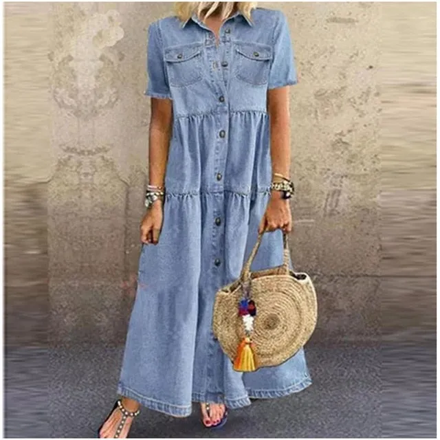 Long Solid Mercerized Denim Pleated Short Sleeve Shirt Dress 2022