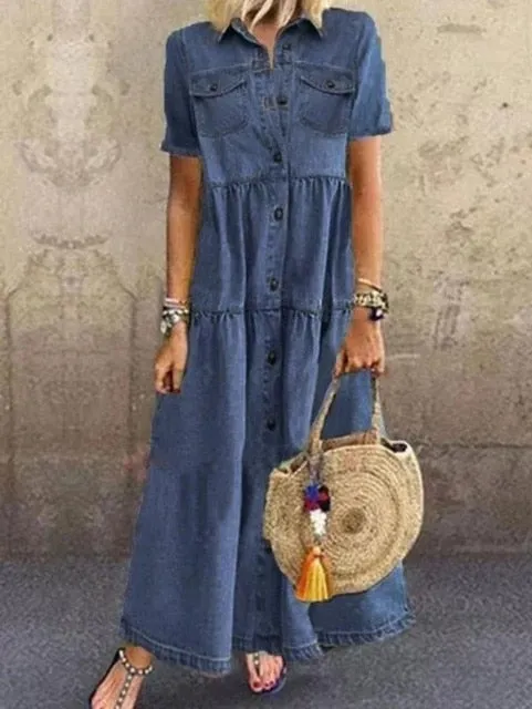 Long Solid Mercerized Denim Pleated Short Sleeve Shirt Dress 2022