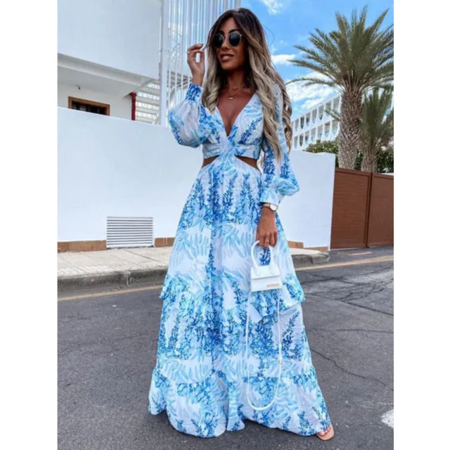 Lovely Lantern Sleeve Backless Boho Style Maxi Dress