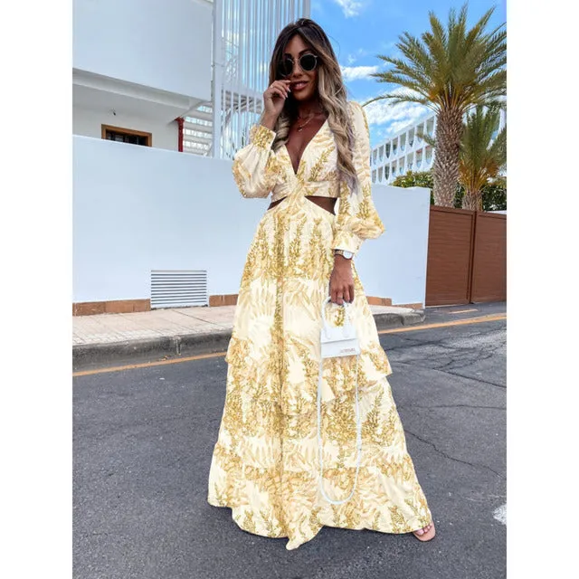 Lovely Lantern Sleeve Backless Boho Style Maxi Dress