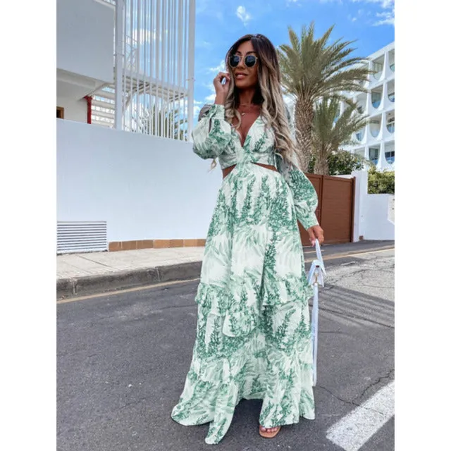 Lovely Lantern Sleeve Backless Boho Style Maxi Dress