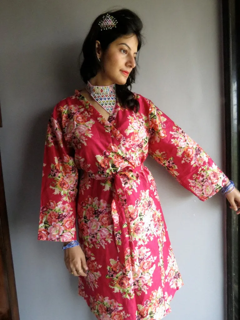 Magenta Floral Knee Length, Kimono Crossover Belted Robe-C5 fabric Code