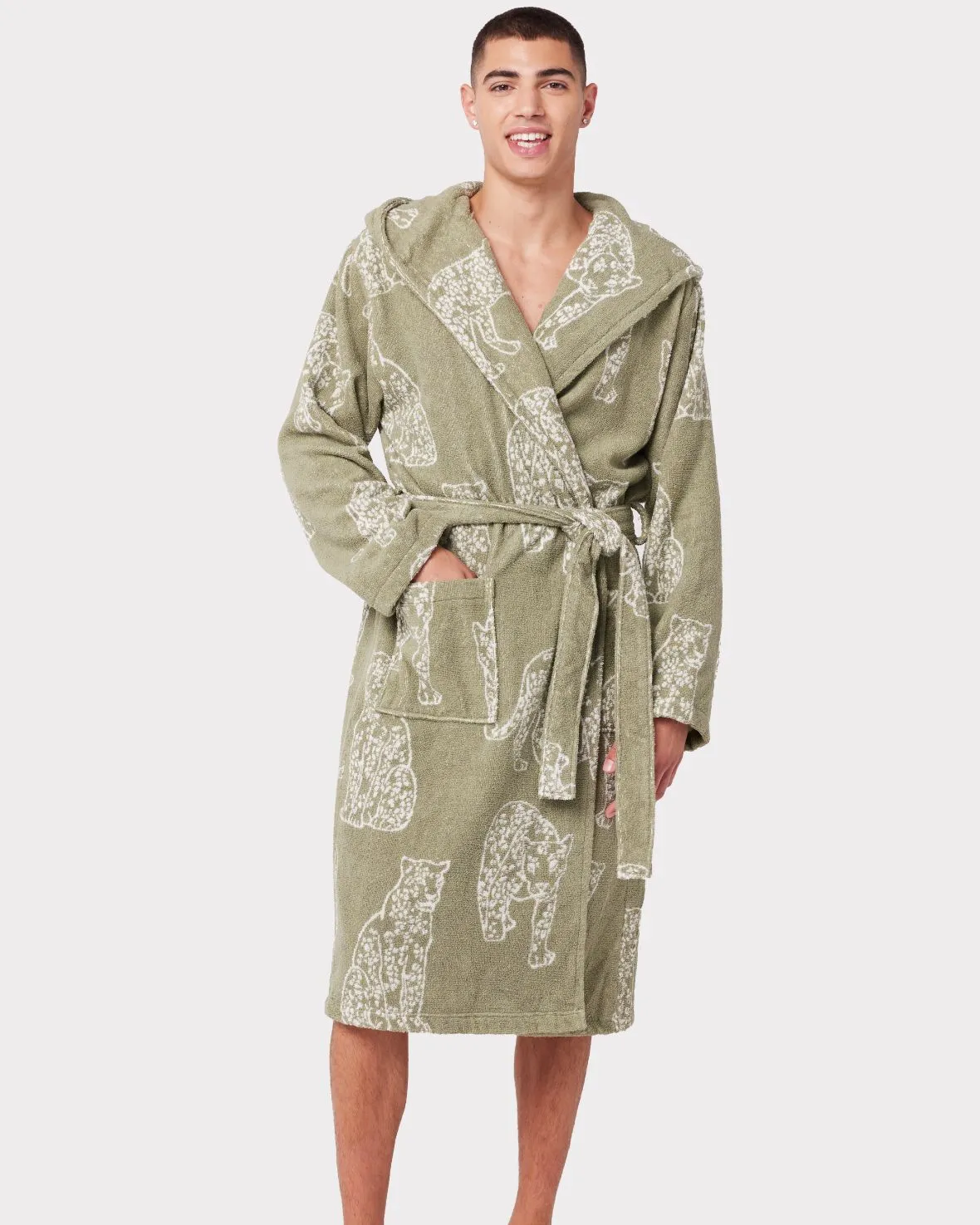 Men's Sage Leopard Towelling Dressing Gown