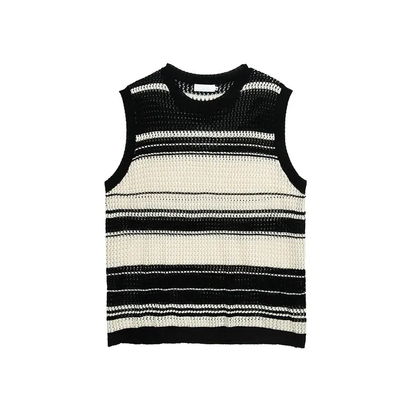 Men's Stripe Contrast Color Vests Stylish Hollow Out Knit Tank Top Male Loose Fitting Summer Lazy Sleeveless T-shirt 9C571