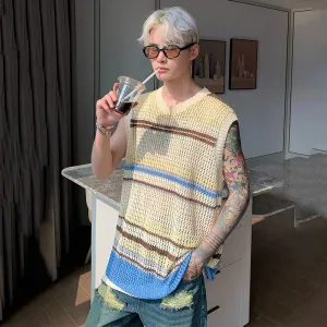 Men's Stripe Contrast Color Vests Stylish Hollow Out Knit Tank Top Male Loose Fitting Summer Lazy Sleeveless T-shirt 9C571