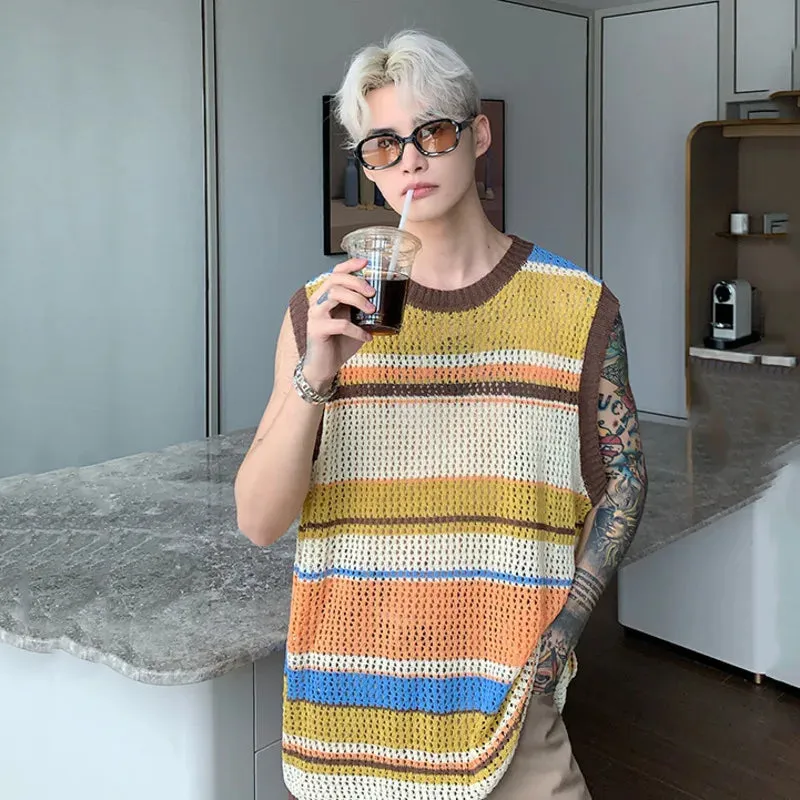 Men's Stripe Contrast Color Vests Stylish Hollow Out Knit Tank Top Male Loose Fitting Summer Lazy Sleeveless T-shirt 9C571
