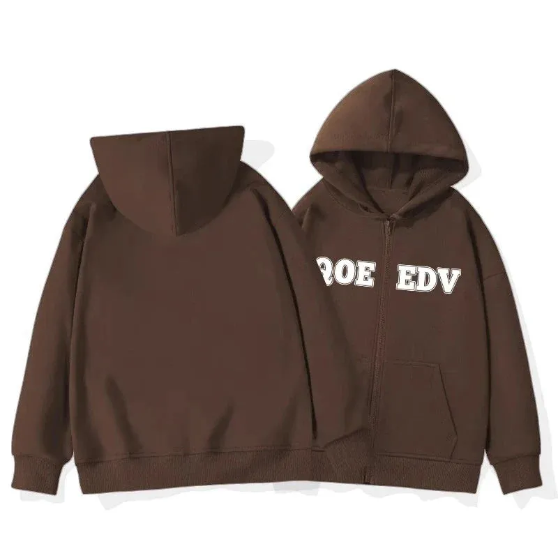 Metaversmall Coffee Chic Letter Printing Loose Women Hoodies Fashion Hooded Drawstring Casual Pocket Simple Solid Color Female Hoodies