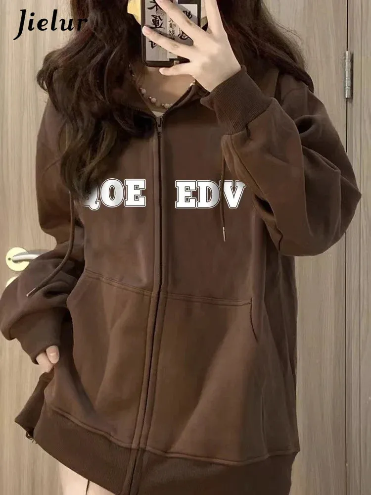 Metaversmall Coffee Chic Letter Printing Loose Women Hoodies Fashion Hooded Drawstring Casual Pocket Simple Solid Color Female Hoodies