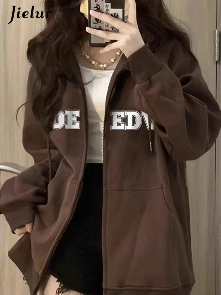Metaversmall Coffee Chic Letter Printing Loose Women Hoodies Fashion Hooded Drawstring Casual Pocket Simple Solid Color Female Hoodies