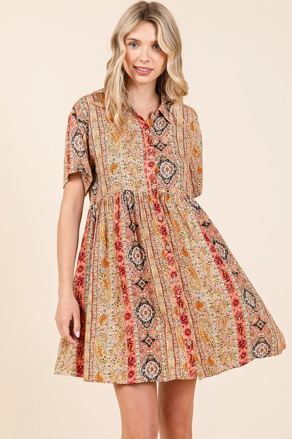 Mittoshop Boho Paisley Striped Print Mini Dress in Rust Multi