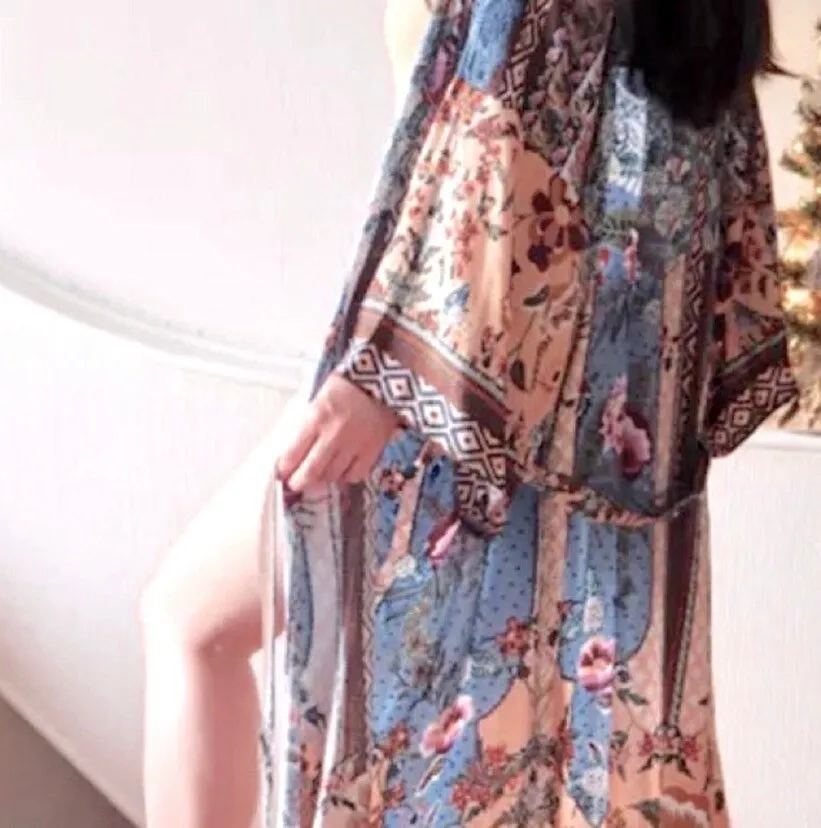 new Boho Kimono - Mulberry Blues beach / bath / bedside wrap - lounge swim vanity feminine eclectic gift