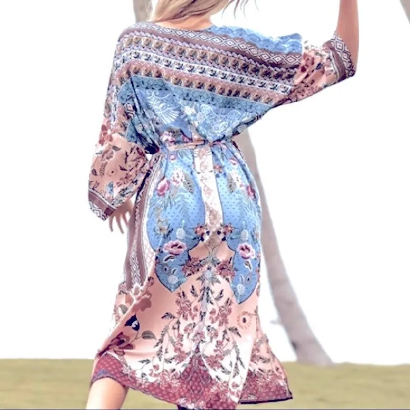 new Boho Kimono - Mulberry Blues beach / bath / bedside wrap - lounge swim vanity feminine eclectic gift