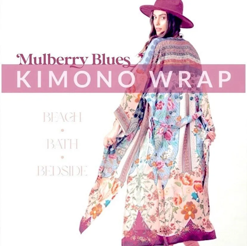new Boho Kimono - Mulberry Blues beach / bath / bedside wrap - lounge swim vanity feminine eclectic gift