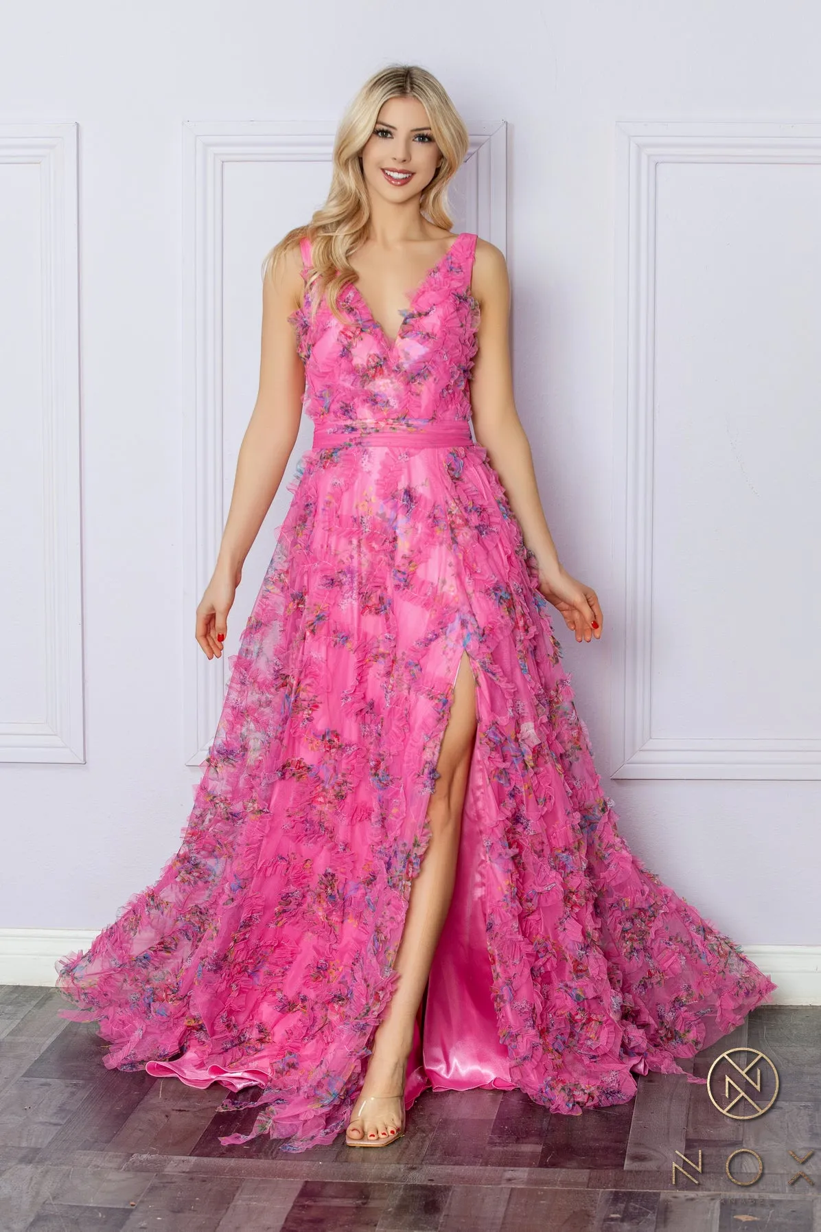 Nox Anabel E1445 Long Floral A Line Ruffle Prom Dress Maxi Slit Boho Pleated V Neck Formal