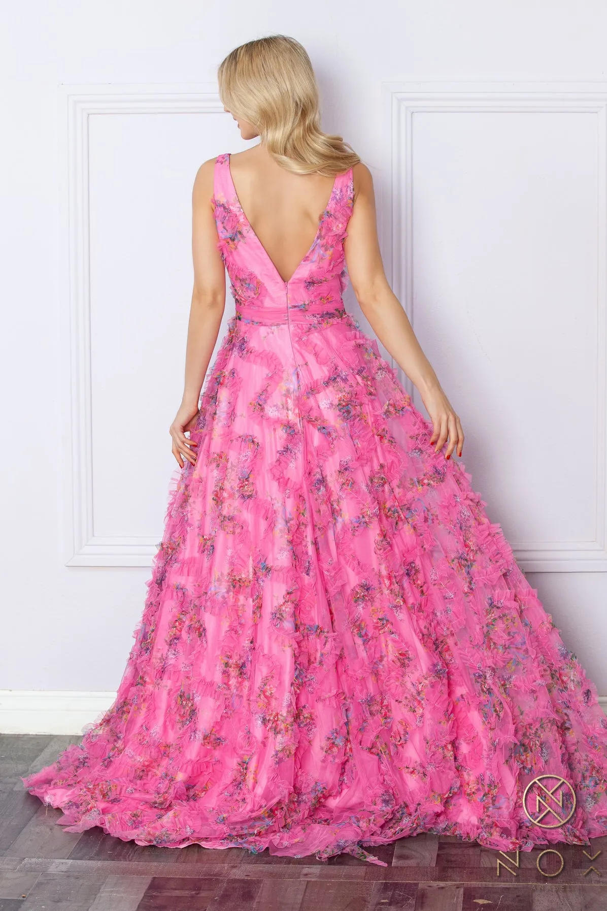 Nox Anabel E1445 Long Floral A Line Ruffle Prom Dress Maxi Slit Boho Pleated V Neck Formal