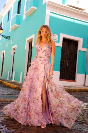 Nox Anabel E1445 Long Floral A Line Ruffle Prom Dress Maxi Slit Boho Pleated V Neck Formal