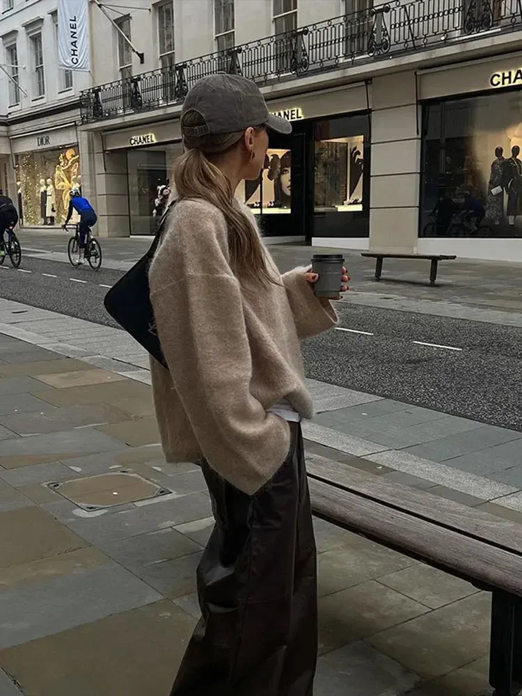 Oversized Mohair Soft Knitted Sweater Women Casual O-neck Long Sleeve Loose Sweaters Autumn Warm Lady High Street Knitwear ﻿
