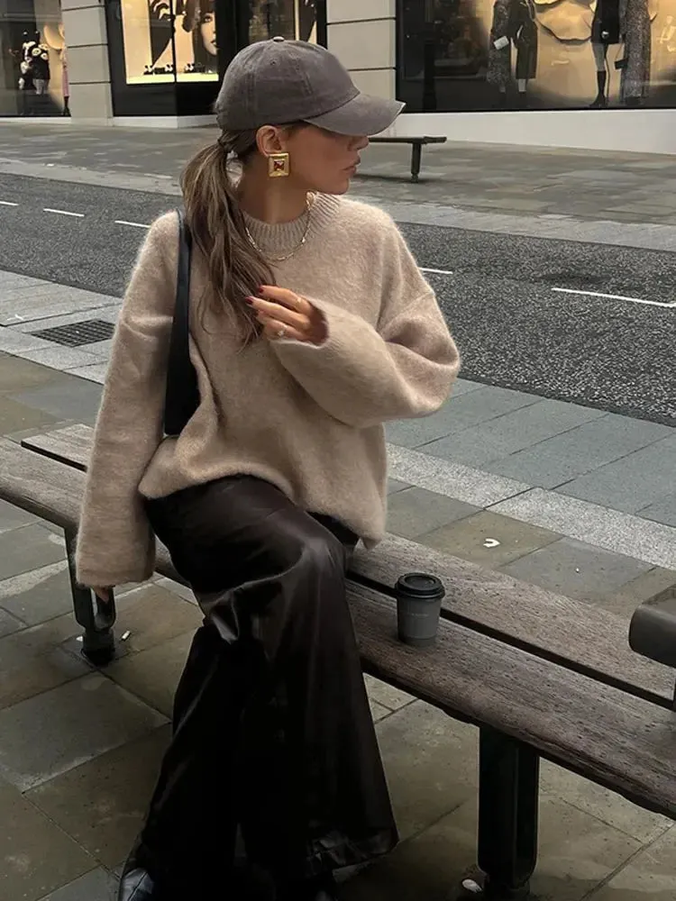 Oversized Mohair Soft Knitted Sweater Women Casual O-neck Long Sleeve Loose Sweaters Autumn Warm Lady High Street Knitwear ﻿