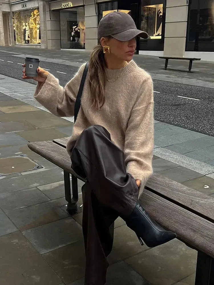 Oversized Mohair Soft Knitted Sweater Women Casual O-neck Long Sleeve Loose Sweaters Autumn Warm Lady High Street Knitwear ﻿