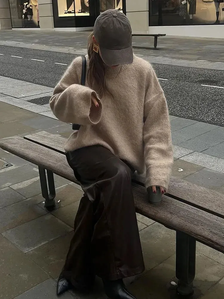 Oversized Mohair Soft Knitted Sweater Women Casual O-neck Long Sleeve Loose Sweaters Autumn Warm Lady High Street Knitwear ﻿