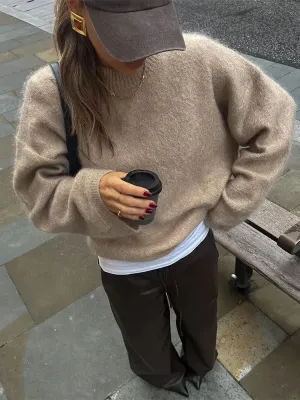 Oversized Mohair Soft Knitted Sweater Women Casual O-neck Long Sleeve Loose Sweaters Autumn Warm Lady High Street Knitwear ﻿