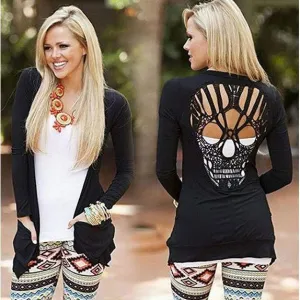 Punk Glam Light Weight Black Long Sleeve Cardigan Sweater W/ Skulls