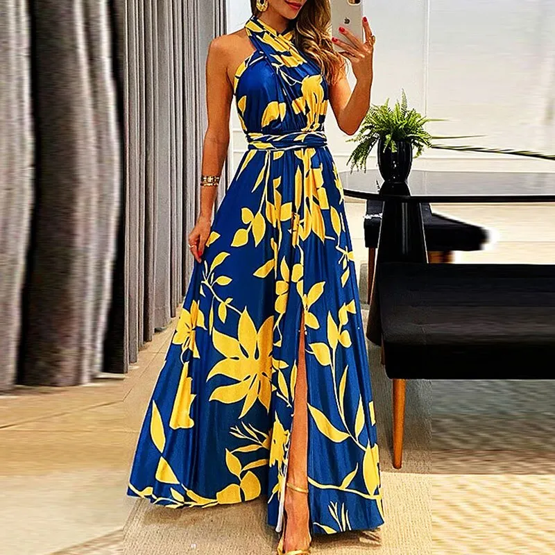 Purpdrank - Sexy Crossover Neckline Robe Boho Dress Women Elegant Off Shoulder Slit Long Dress Casual Sleeveless Backless Solid Maxi Dresses