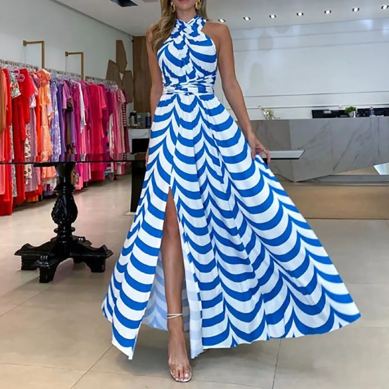 Purpdrank - Sexy Crossover Neckline Robe Boho Dress Women Elegant Off Shoulder Slit Long Dress Casual Sleeveless Backless Solid Maxi Dresses