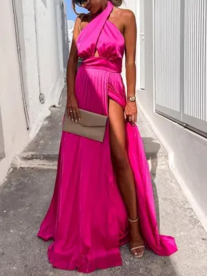Purpdrank - Sexy Crossover Neckline Robe Boho Dress Women Elegant Off Shoulder Slit Long Dress Casual Sleeveless Backless Solid Maxi Dresses