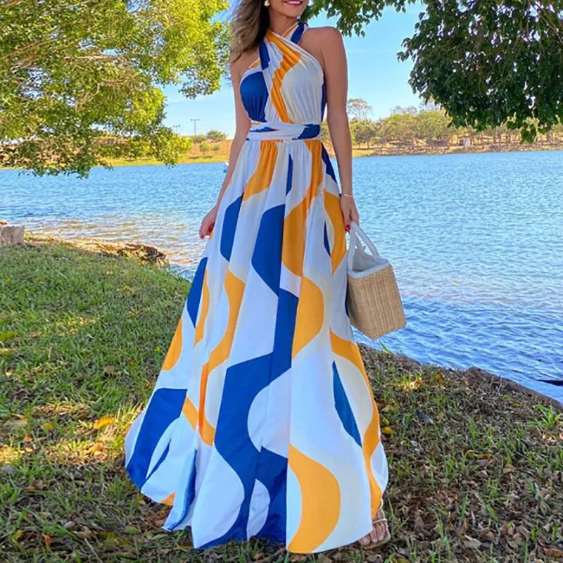 Purpdrank - Sexy Crossover Neckline Robe Boho Dress Women Elegant Off Shoulder Slit Long Dress Casual Sleeveless Backless Solid Maxi Dresses