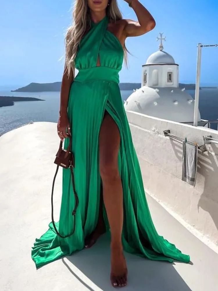 Purpdrank - Sexy Crossover Neckline Robe Boho Dress Women Elegant Off Shoulder Slit Long Dress Casual Sleeveless Backless Solid Maxi Dresses