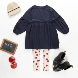 Relaxed and Flared Fit Crinkle Navy Dress with  Apple Embroidery   Rib Knit Legging Set