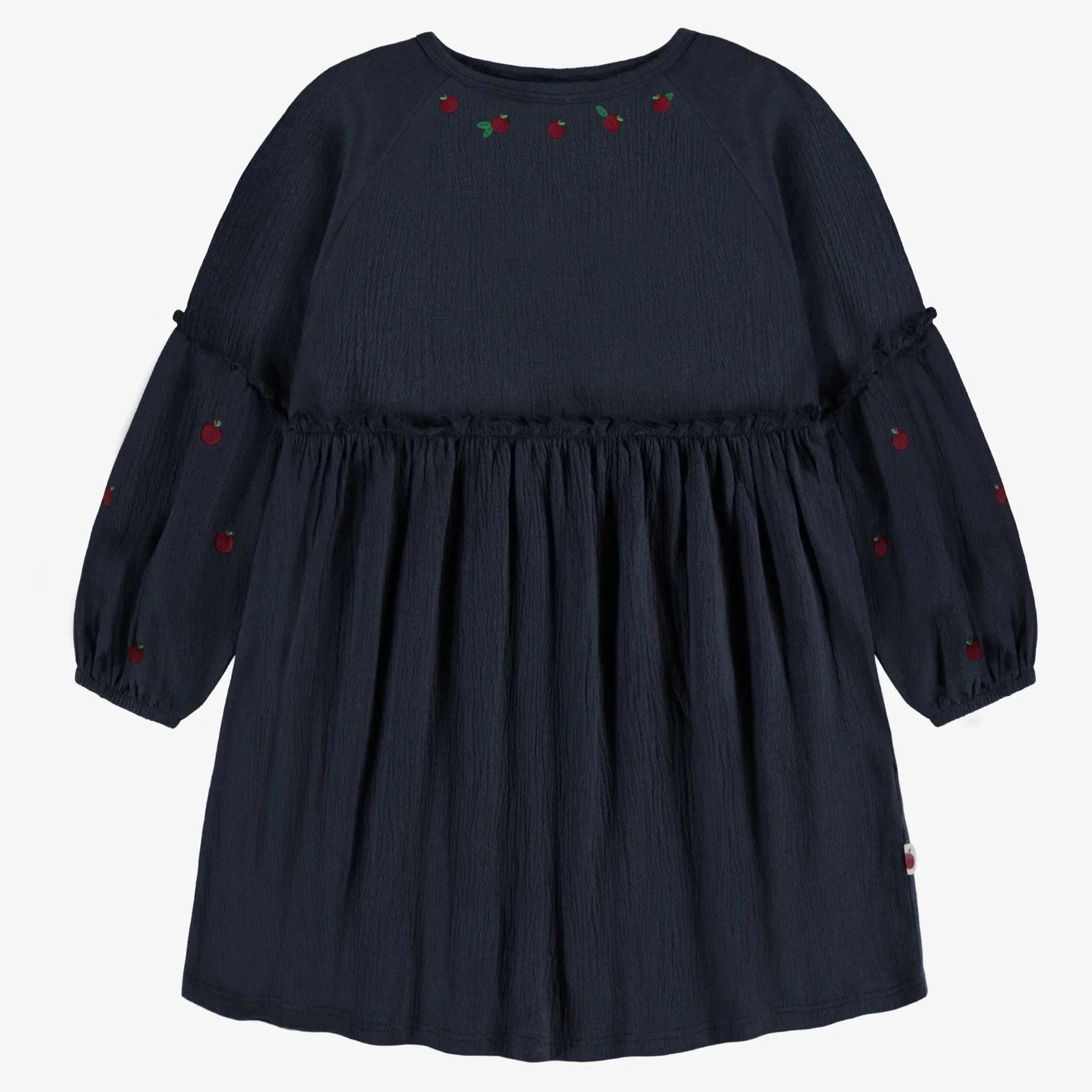 Relaxed and Flared Fit Crinkle Navy Dress with  Apple Embroidery   Rib Knit Legging Set