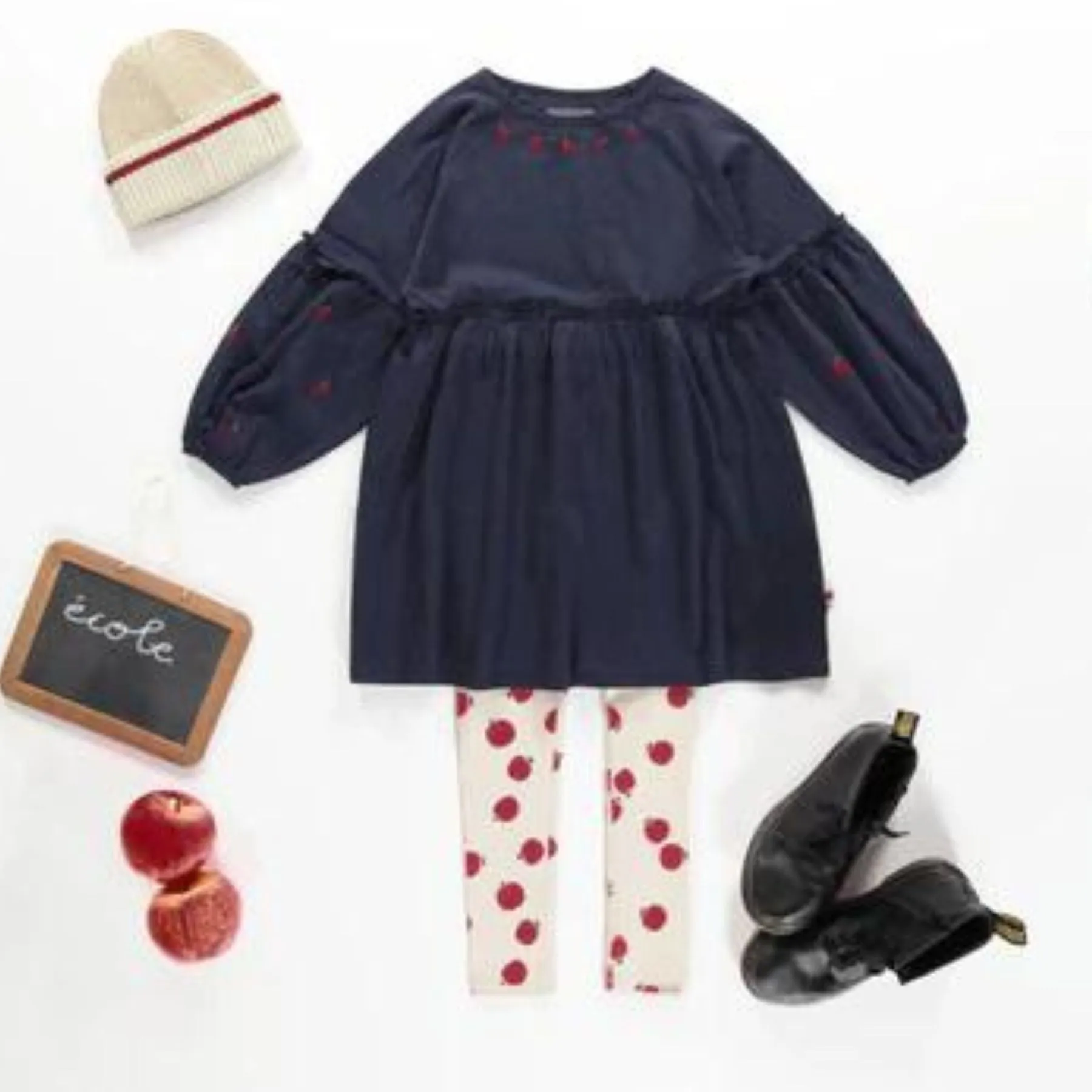 Relaxed and Flared Fit Crinkle Navy Dress with  Apple Embroidery   Rib Knit Legging Set