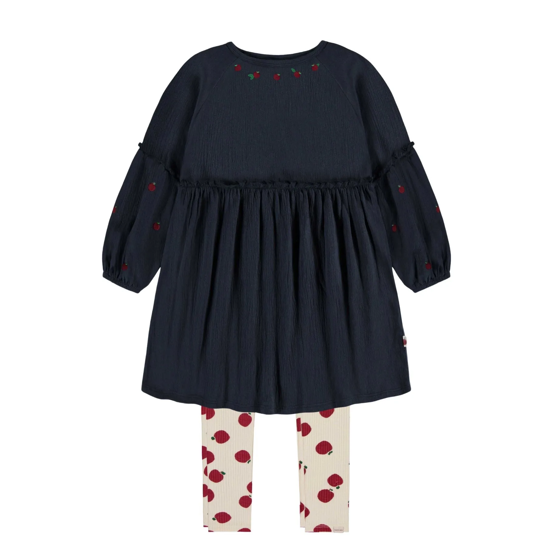 Relaxed and Flared Fit Crinkle Navy Dress with  Apple Embroidery   Rib Knit Legging Set
