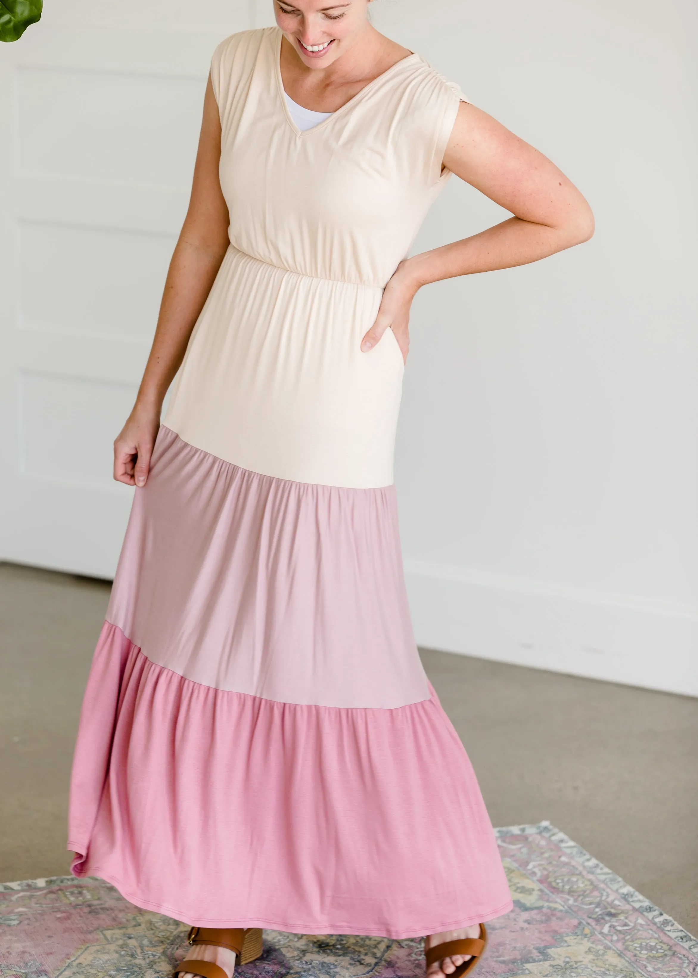 Short Sleeve Colorblock Mauve Maxi Dress