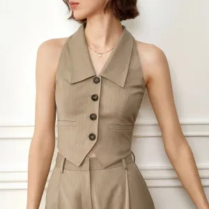 Solid Casual Vests For Women Lapel Sleeveless Cold Shoulder Patchwork Button Minimalist Vest Female Fashion Clothes