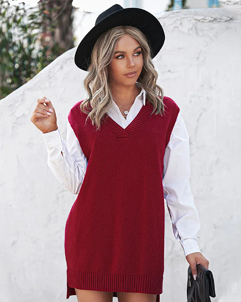 Solid Color Loose V-neck Sleeveless Vest Sweater Dresses