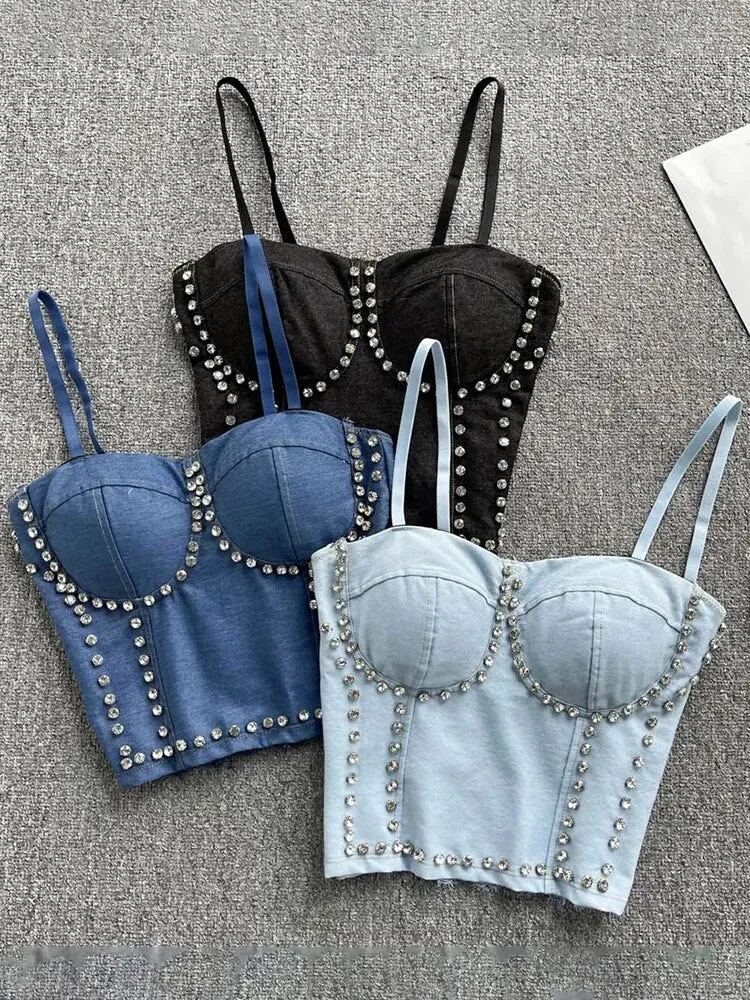 Spliced Diamond Sexy Denim Camisole Tops For Women Square Collar Sleeveless Slimming Vests Female Fashion Clothing