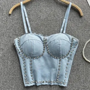 Spliced Diamond Sexy Denim Camisole Tops For Women Square Collar Sleeveless Slimming Vests Female Fashion Clothing