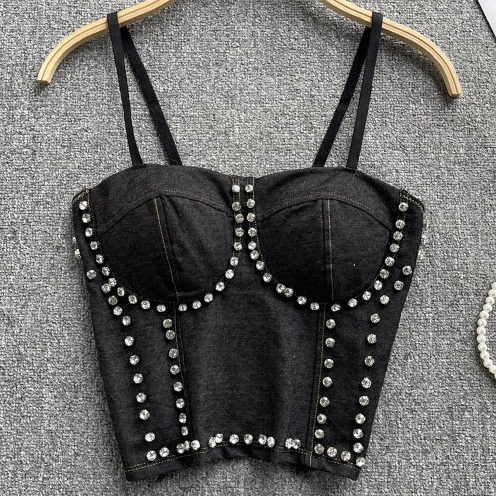Spliced Diamond Sexy Denim Camisole Tops For Women Square Collar Sleeveless Slimming Vests Female Fashion Clothing