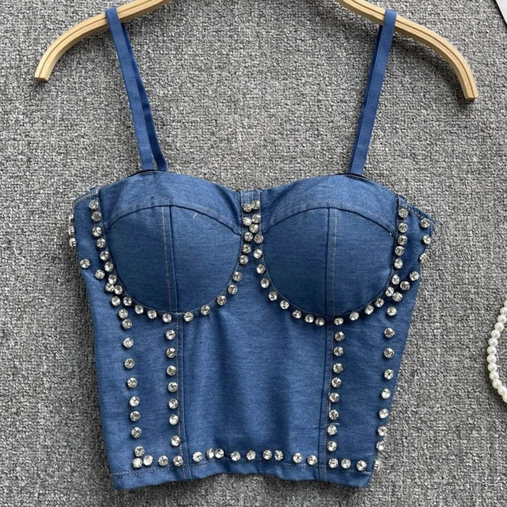 Spliced Diamond Sexy Denim Camisole Tops For Women Square Collar Sleeveless Slimming Vests Female Fashion Clothing