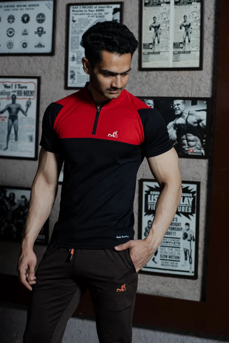 Stand Neck Semi Collar T-Shirts Black Red