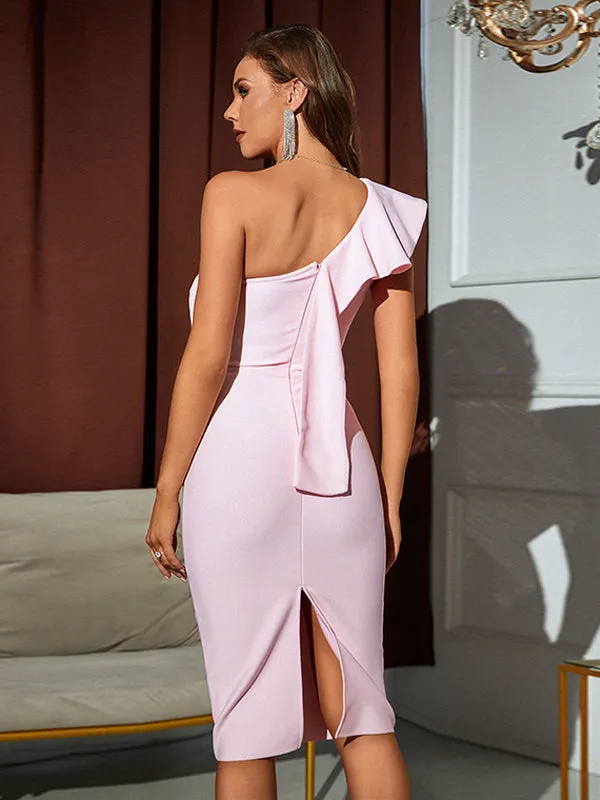 Stylish Splendor Pink Backless Ruffle Bodycon Midi Dress