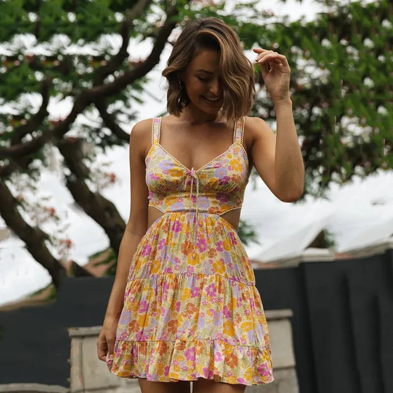 TAVIMART  -  Sexy V Neck Floral Print Hollow Out A-Line Boho Summer Mini Dresses For Women Backless Lace Up Spaghetti Party Dress