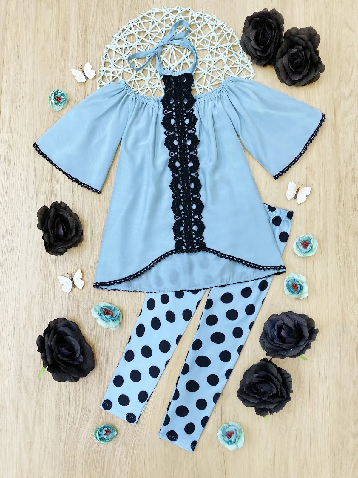 Teal Awakening Lace And Polka Dot Legging Set