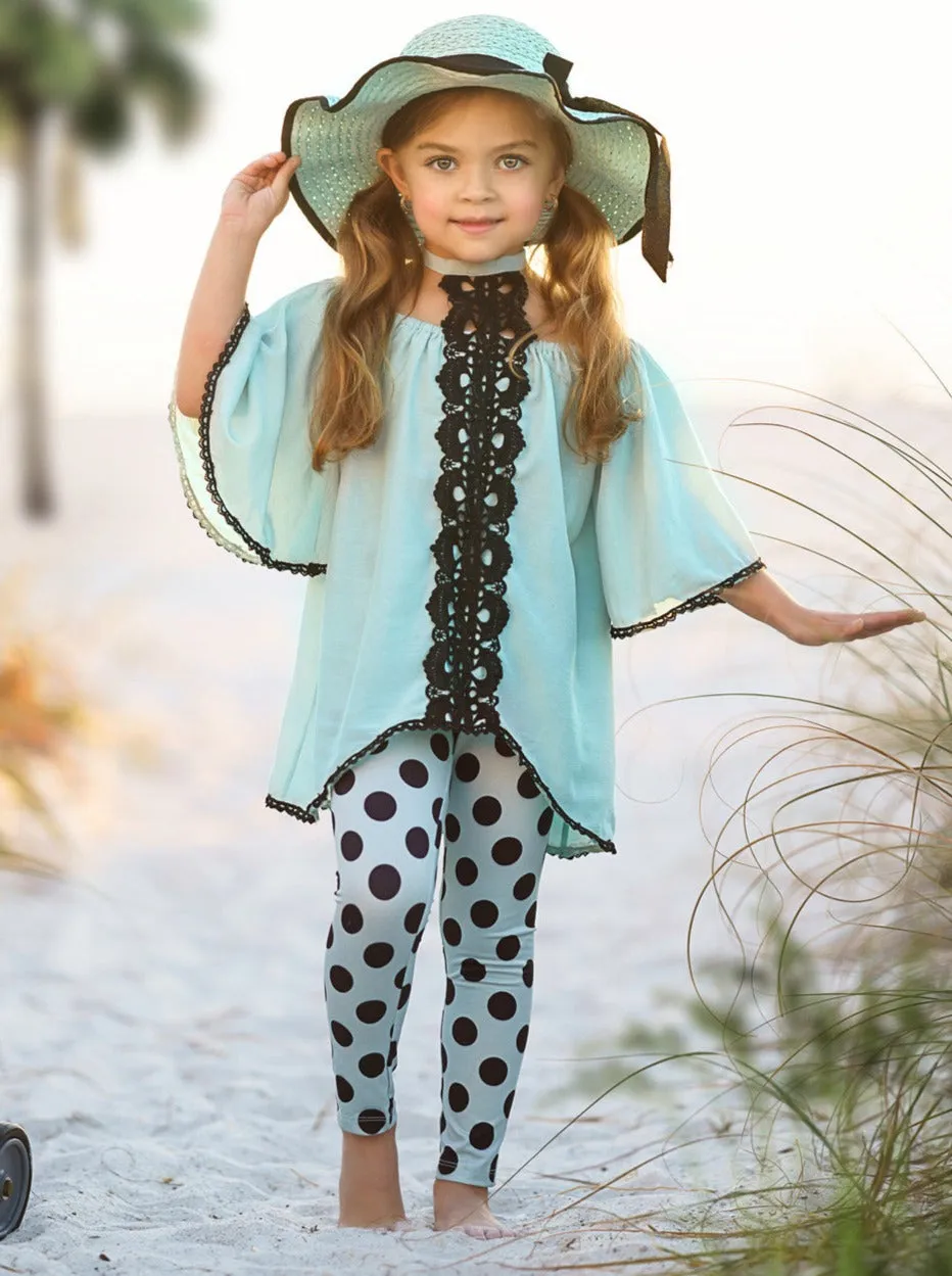 Teal Awakening Lace And Polka Dot Legging Set