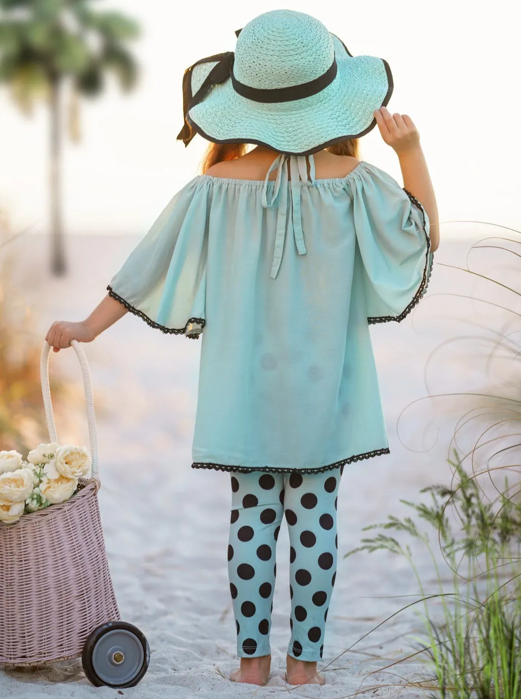 Teal Awakening Lace And Polka Dot Legging Set
