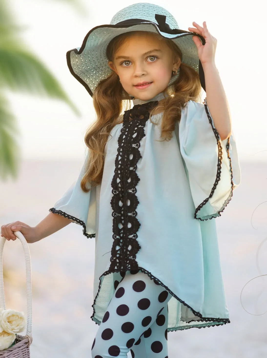 Teal Awakening Lace And Polka Dot Legging Set