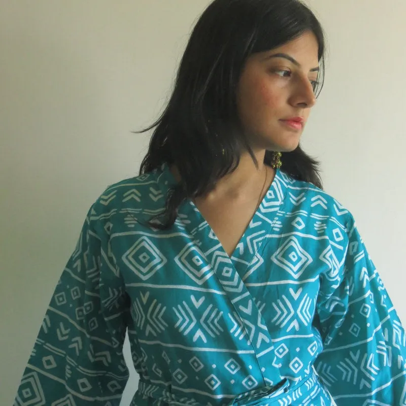 Teal Aztec Knee Length, Kimono Crossover Belted Robe
